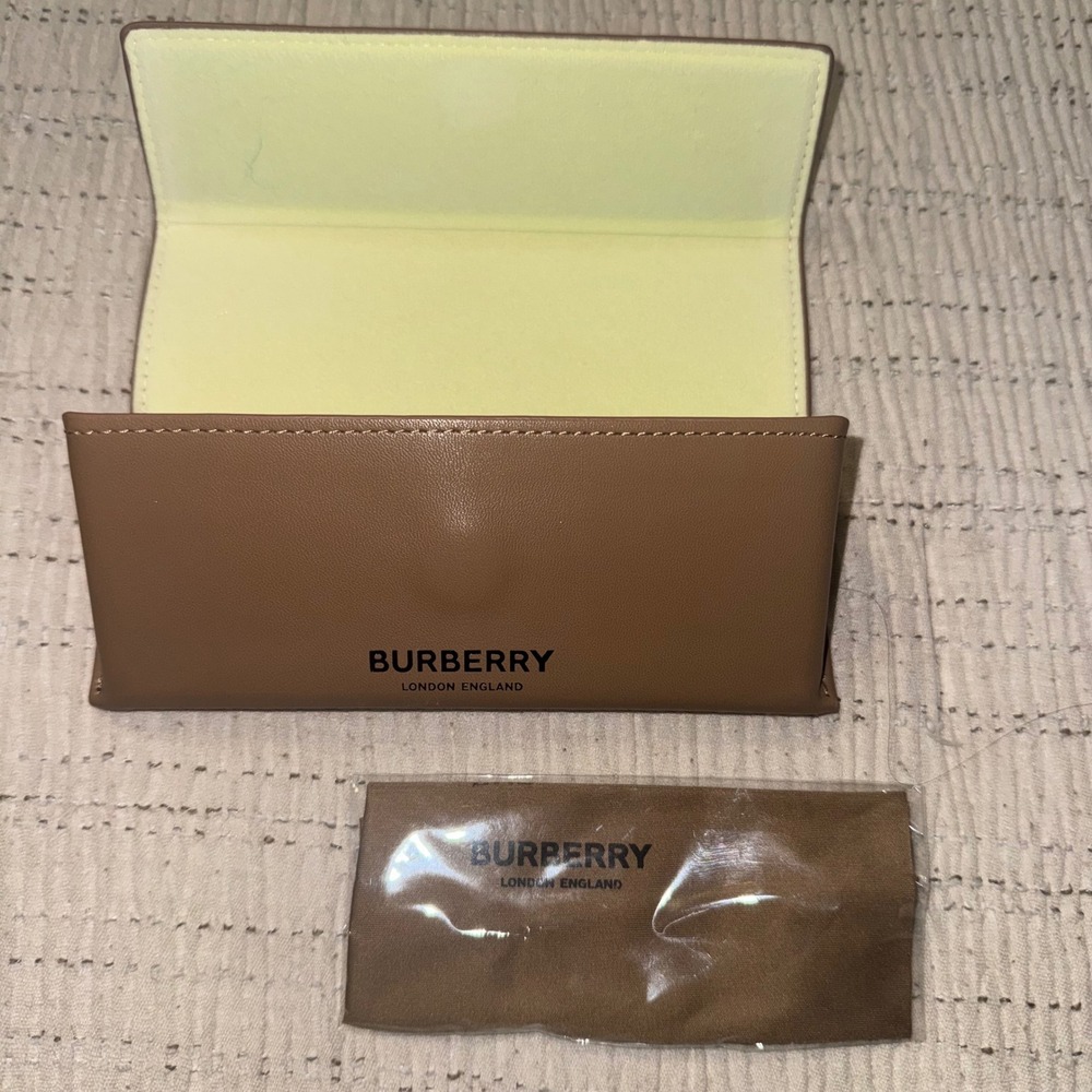 Burberry London England Tan Brown Hard Eyeglass Case with Cleaning Cloth